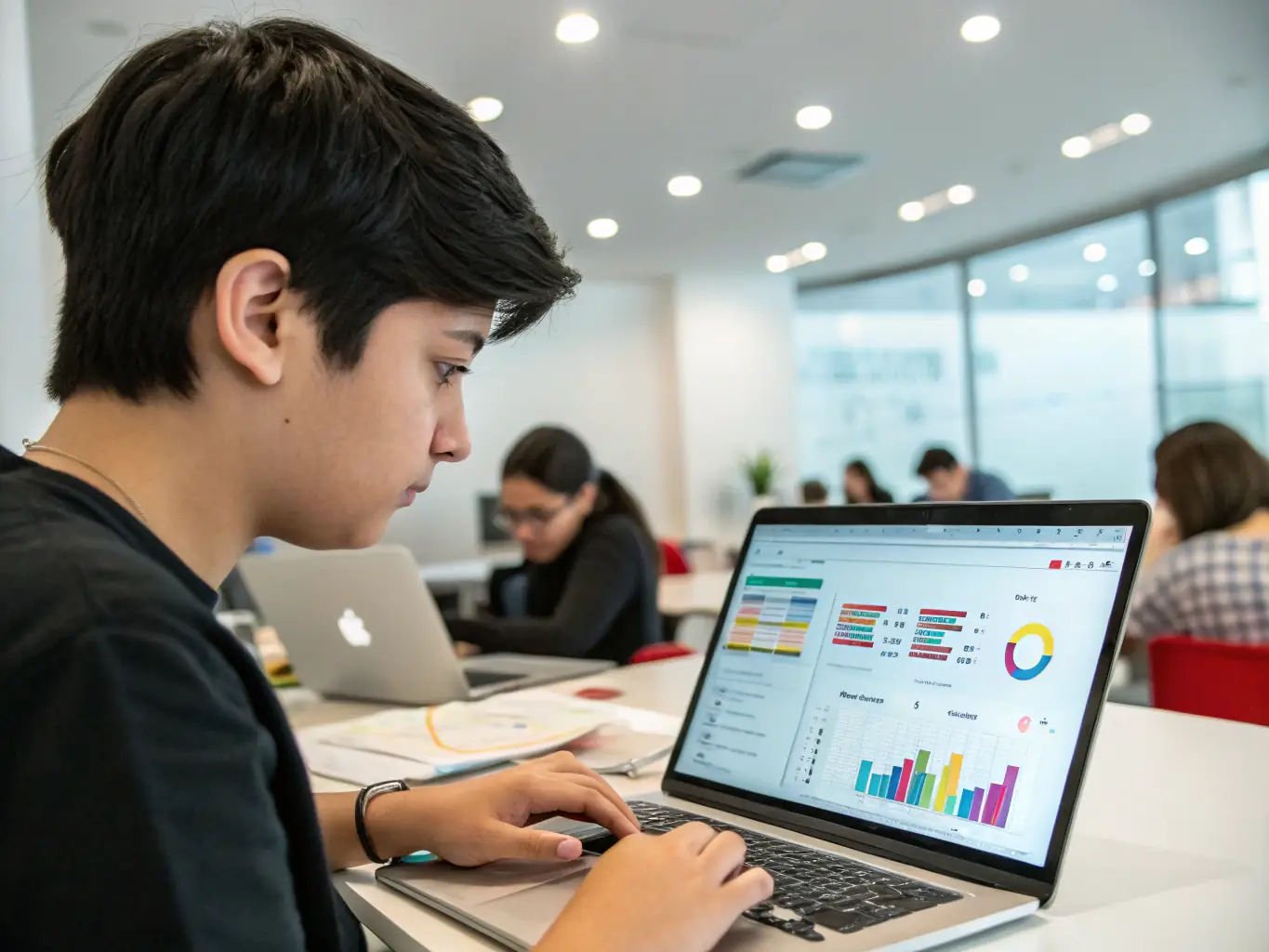 A focused image of a student participating in a digital marketing module, analyzing website analytics on a laptop screen, showcasing the practical application of data analysis skills.