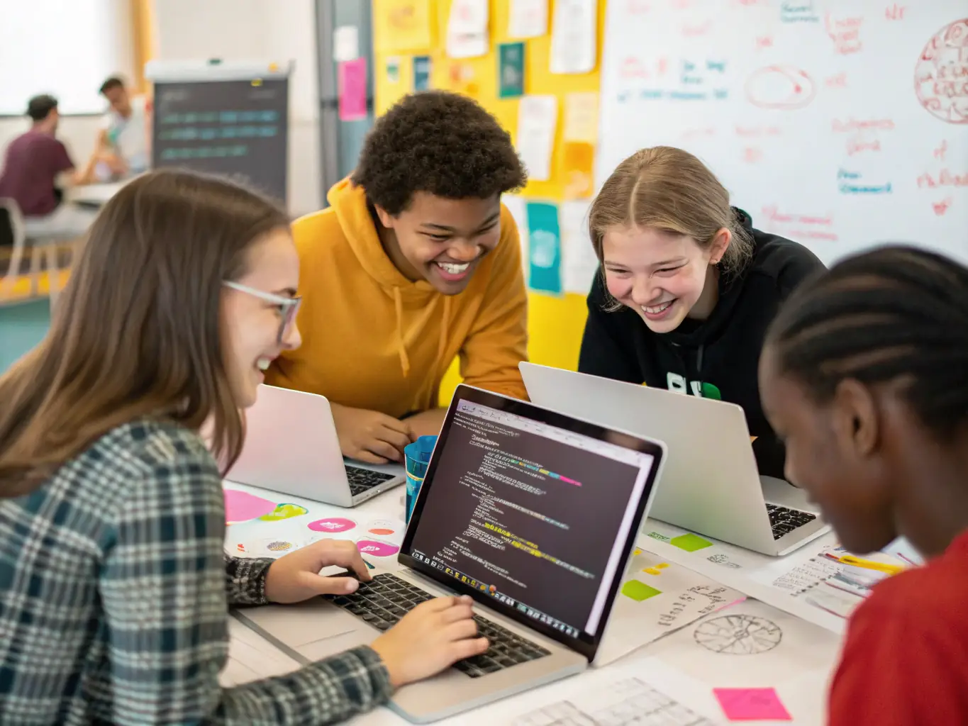 A web development workshop with students coding and collaborating, highlighting the hands-on approach to learning at digitaluk.site.