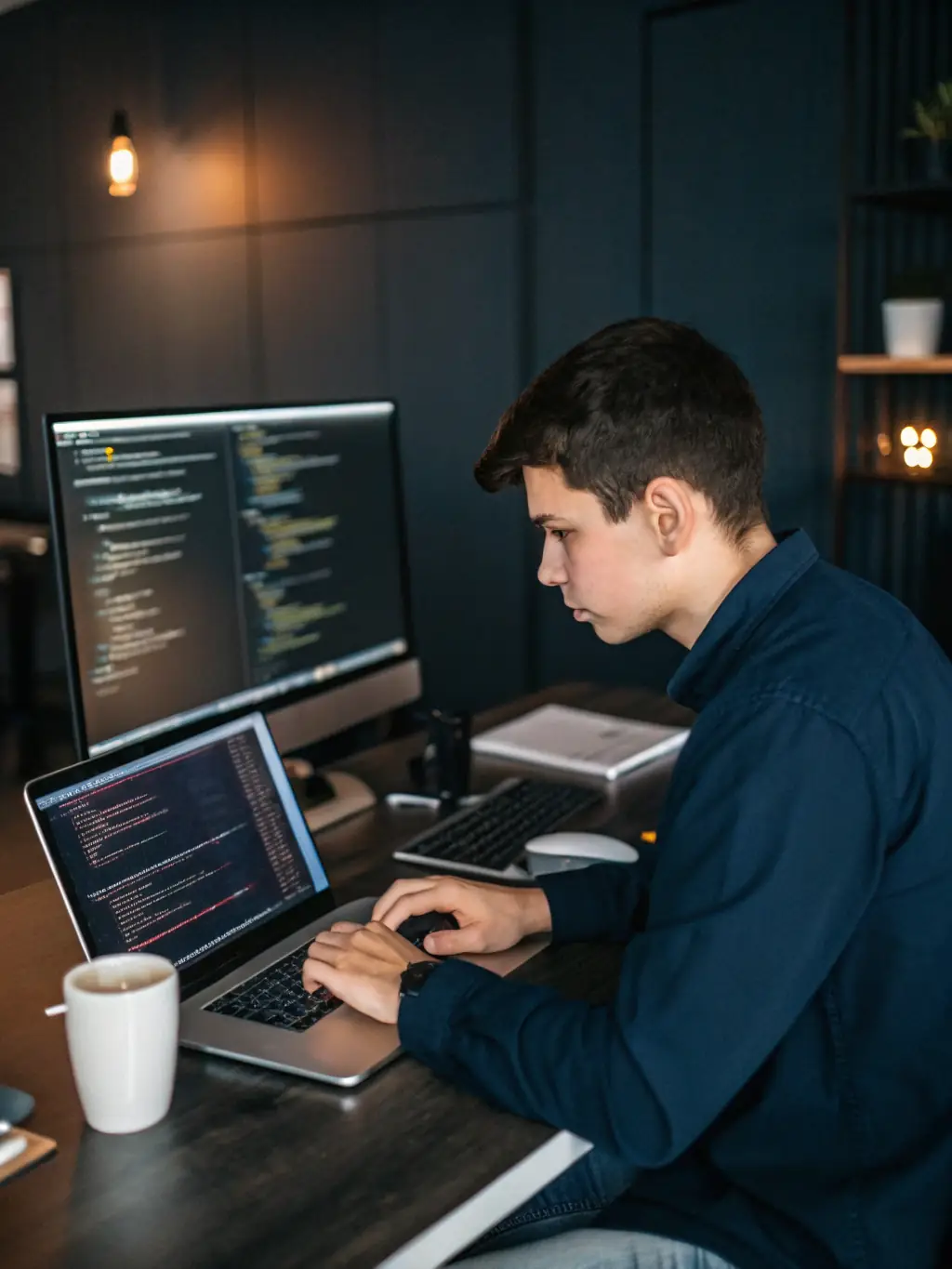 A web developer coding at a desk with multiple screens, showcasing the technical skills required for web development roles in the UK.