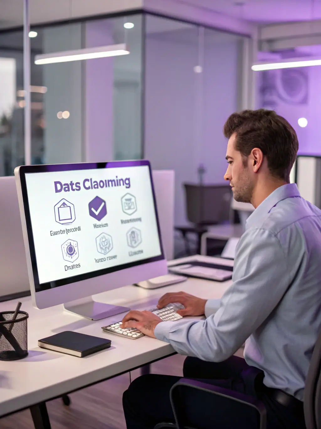 A professional in a modern office setting, analyzing data on a large monitor, representing a data analyst career path in the UK digital sector.