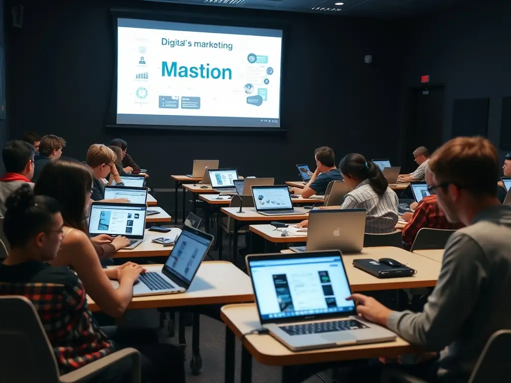A classroom setting with students working on laptops, instructor guiding a digital marketing workshop, showcasing the practical learning environment of digitaluk.site's digital skills training program.