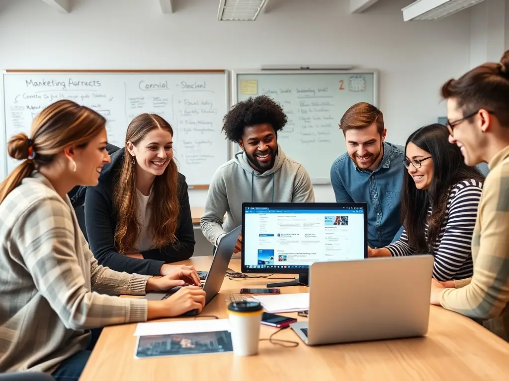 An image showing a collaborative project in a digital skills training module, with students brainstorming and working together on a digital marketing strategy.