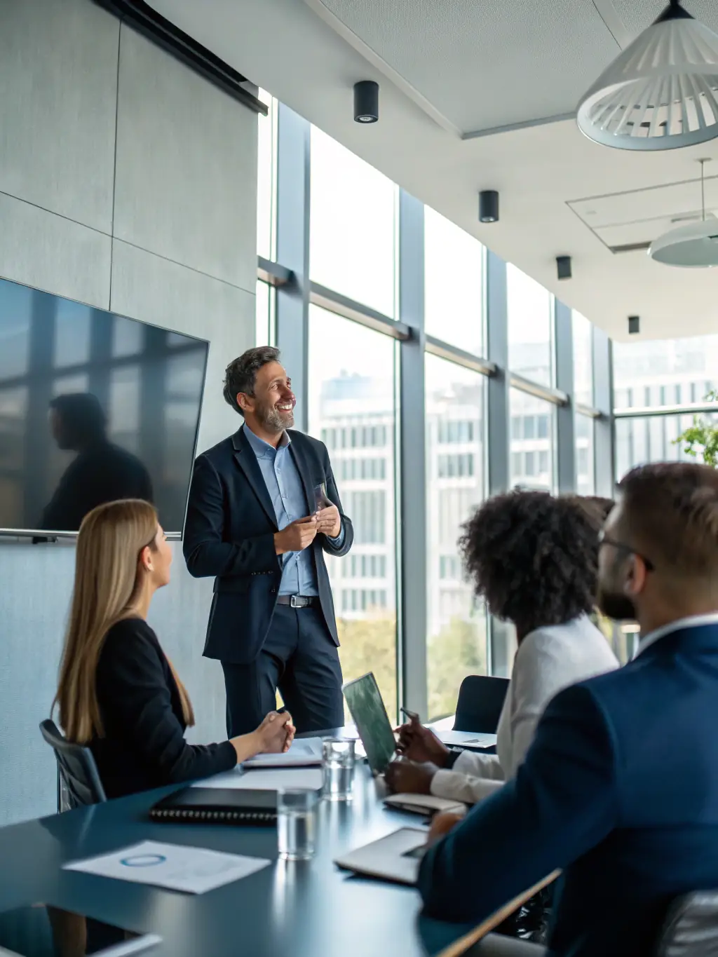 A project manager leading a team meeting in a collaborative workspace, highlighting the leadership and organizational skills needed in project management.