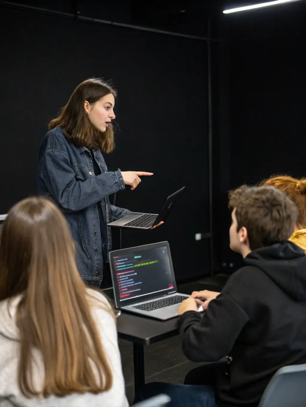 A student intently focused on a computer screen, coding in a modern, well-lit classroom at digitaluk.site, surrounded by other students and instructors.